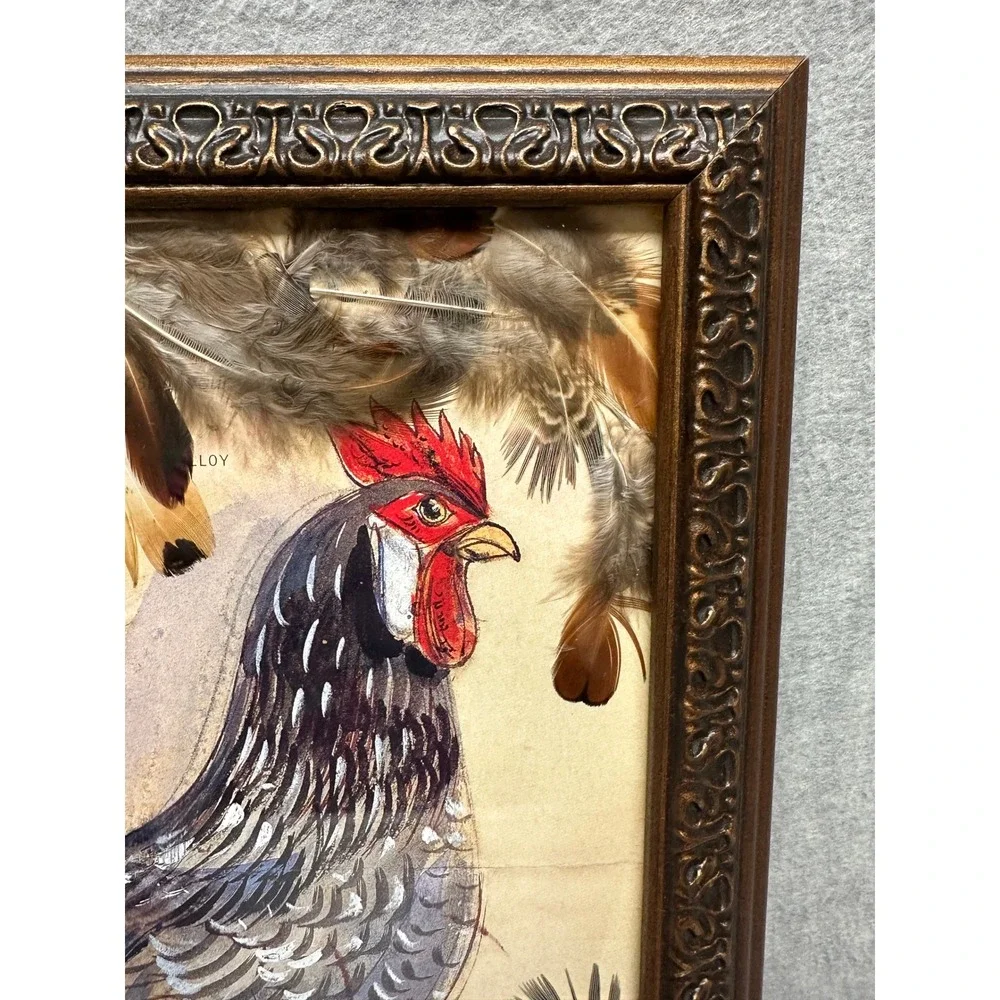 Rooster Picture Art Bronze Ornate Frame‎ Real Feather Accents Ancona Folk Art